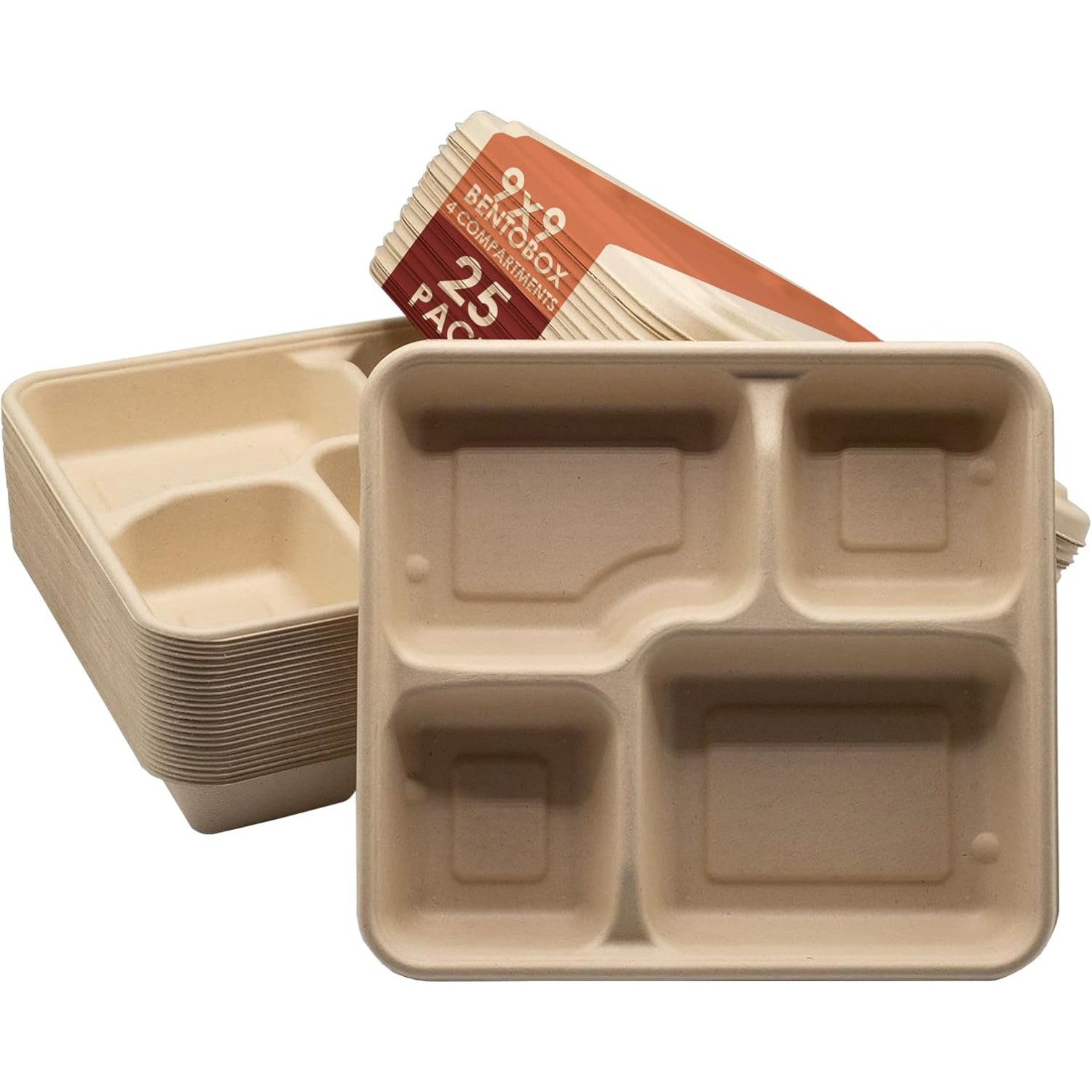 25 Pack 9X9″ 4-Compartment Meal Prep Lunch Bento Boxes with Lids,Made of Bagasse