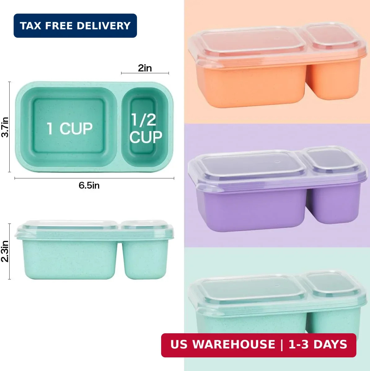 Wheat Straw Snack Containers Set of 3 with Lids 2 Compartment Meal Prep Food Box