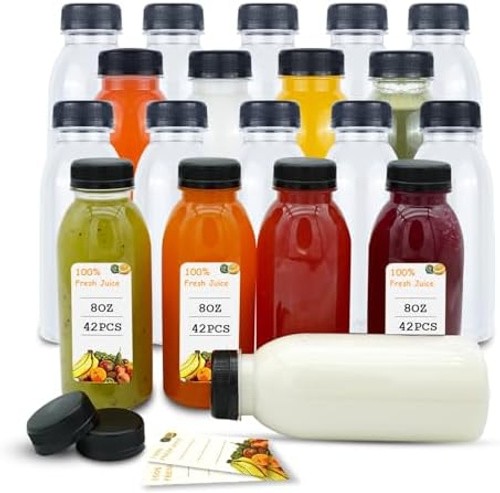 Holotap 42 Pcs 8 OZ Plastic Juice Bottles with Caps, Empty Clear Disposable B…