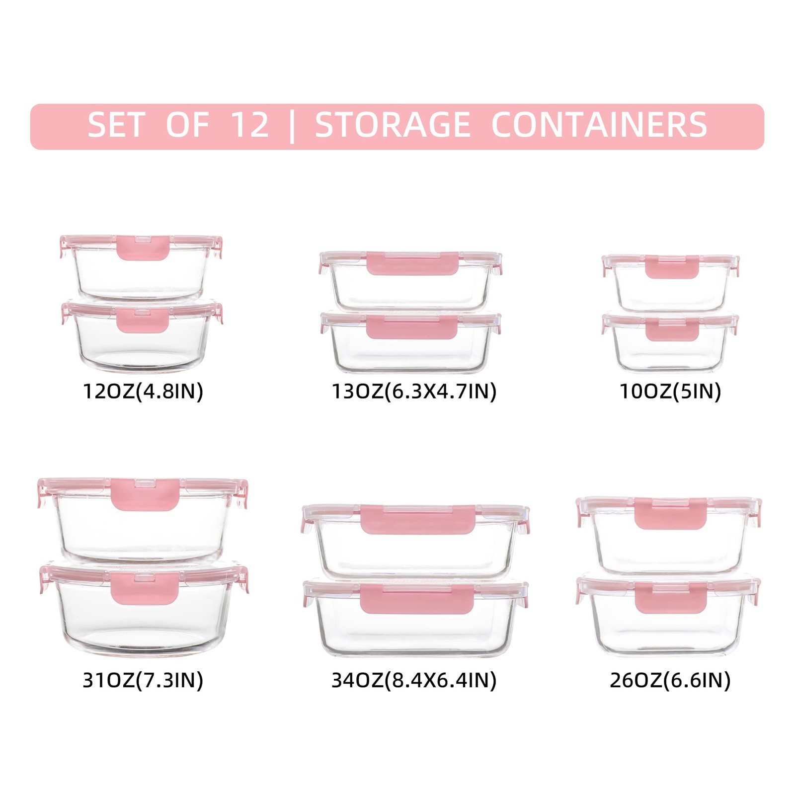 FAWLES 12 Pack Glass Storage Containers with Lids, Leak-Proof Meal Prep Pink