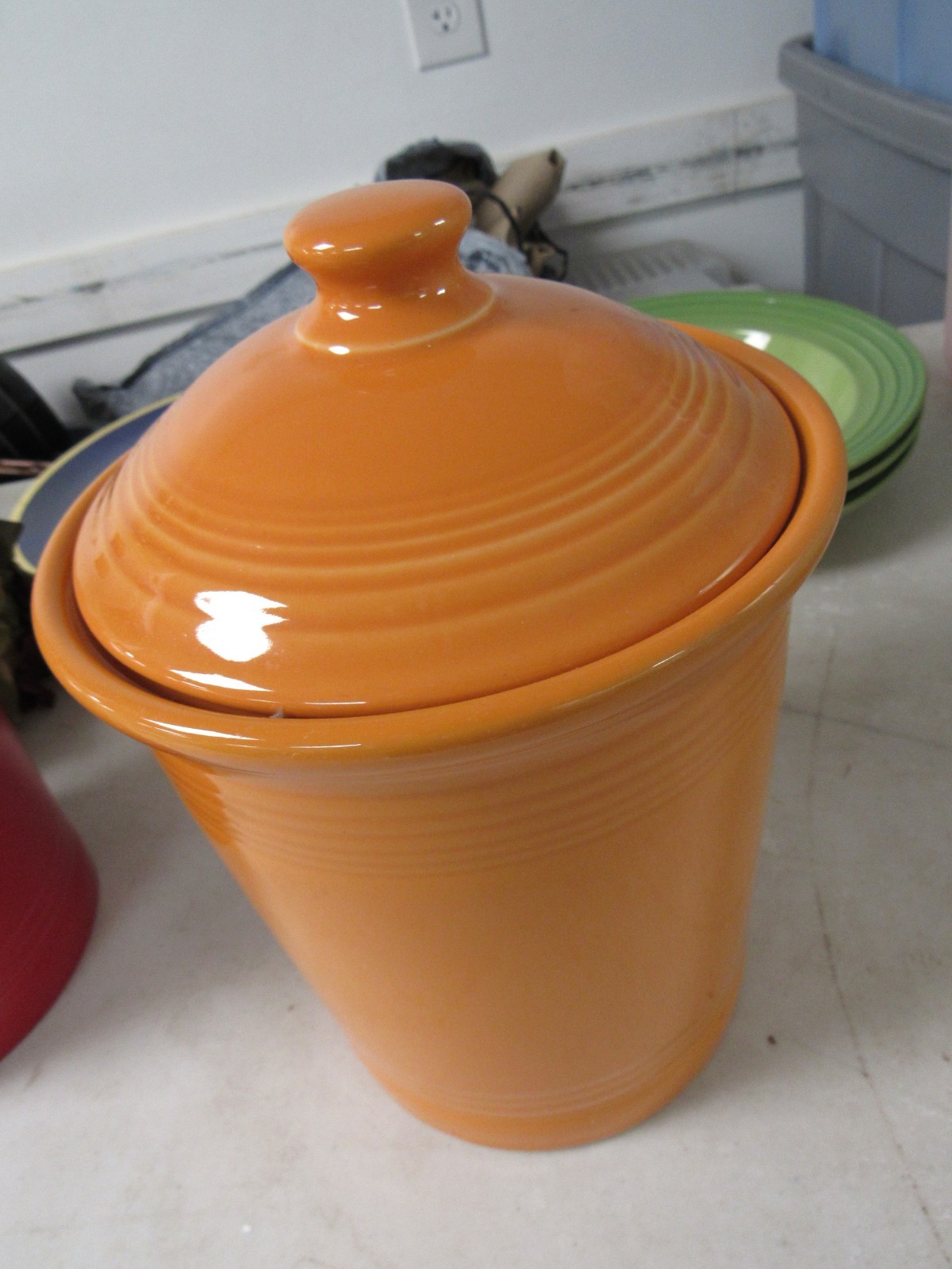 Fiesta Tangerine Food Safe Ceramic Kitchen Container with rubber Gasket and Lid.