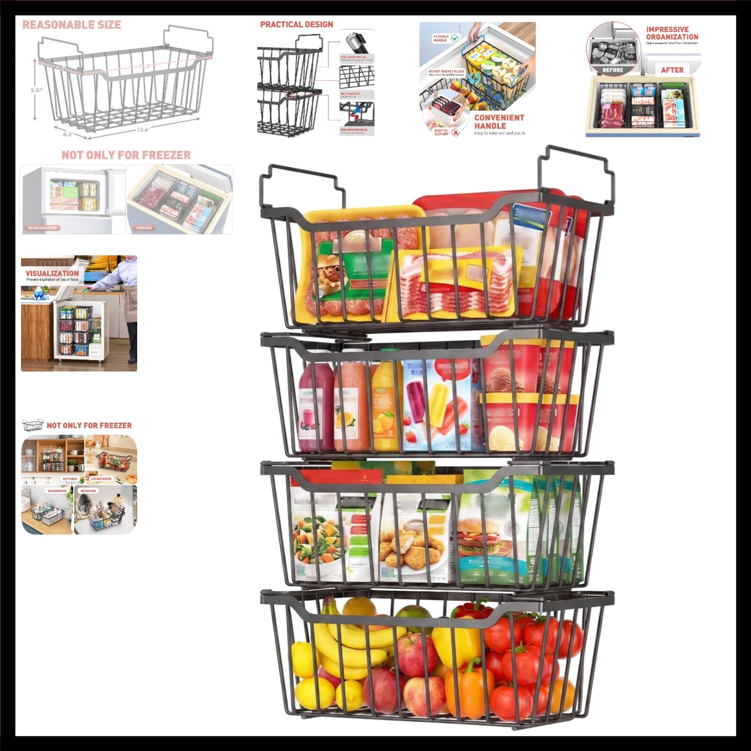 Freezer Organizer Bins with Foldable Handle, 4 Pack Stackable Freezer Baskets…