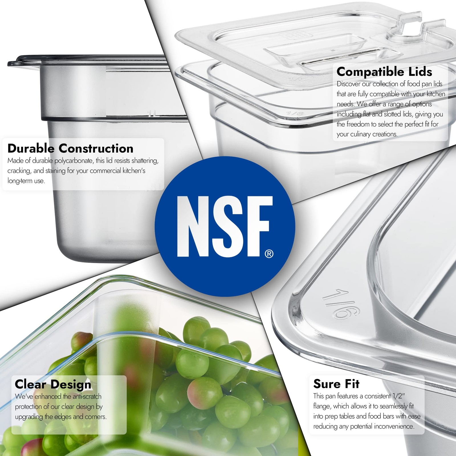CURTA 6 Pack 1/6 Size 4 Deep NSF Polycarbonate Food Pans Dishwasher & Freezer