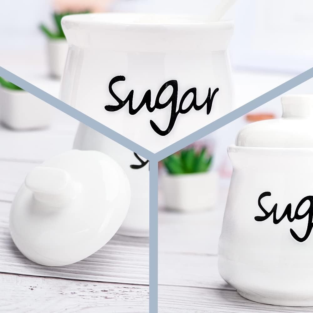 Ceramic Sugar Bowl with Lid and Spoon, 12 Ounces Porcelain 12ounce, White