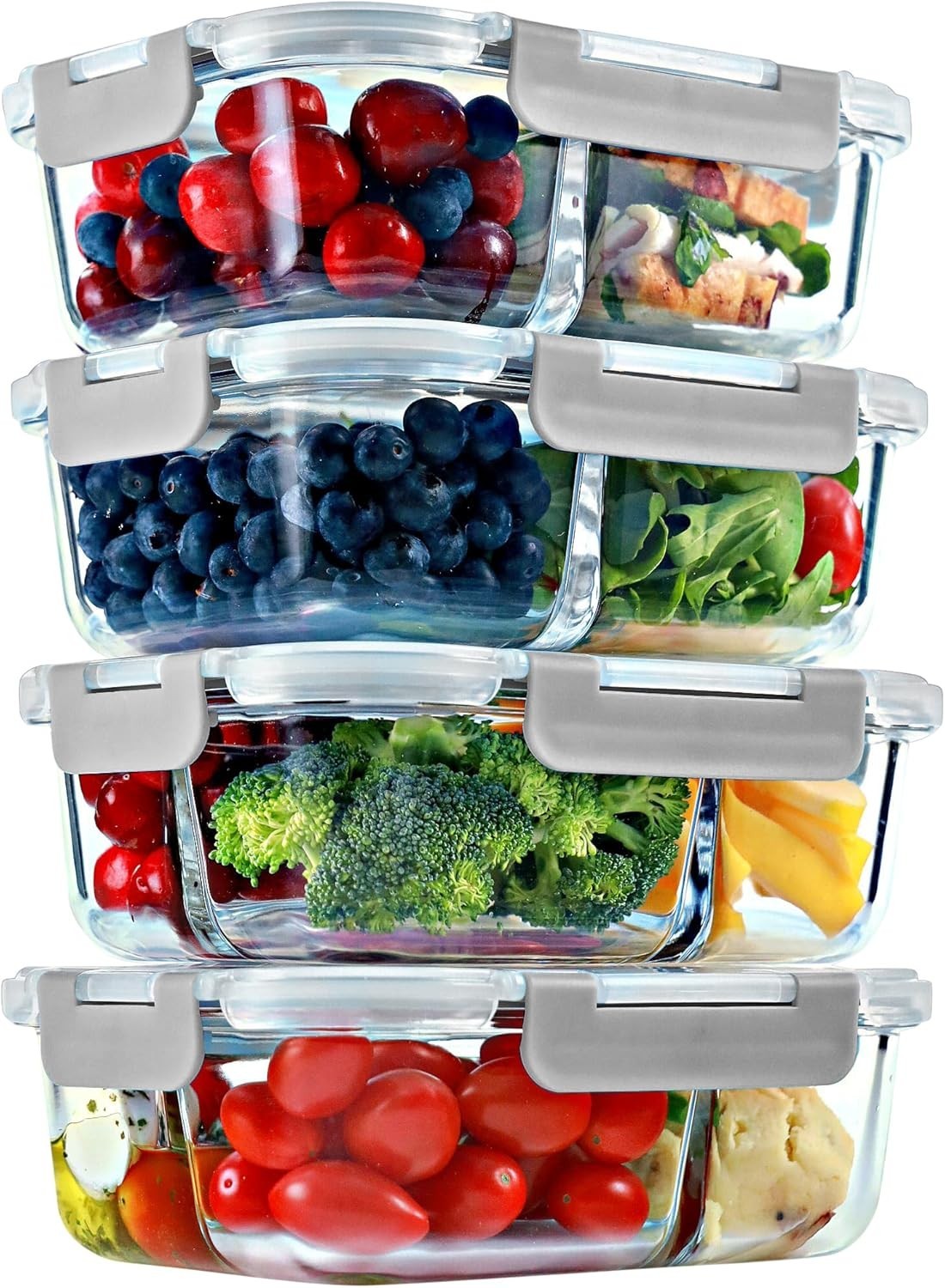 2 & 3 Compartment Glass Meal Prep Containers 4 Pack 32 oz Glass Food Storage