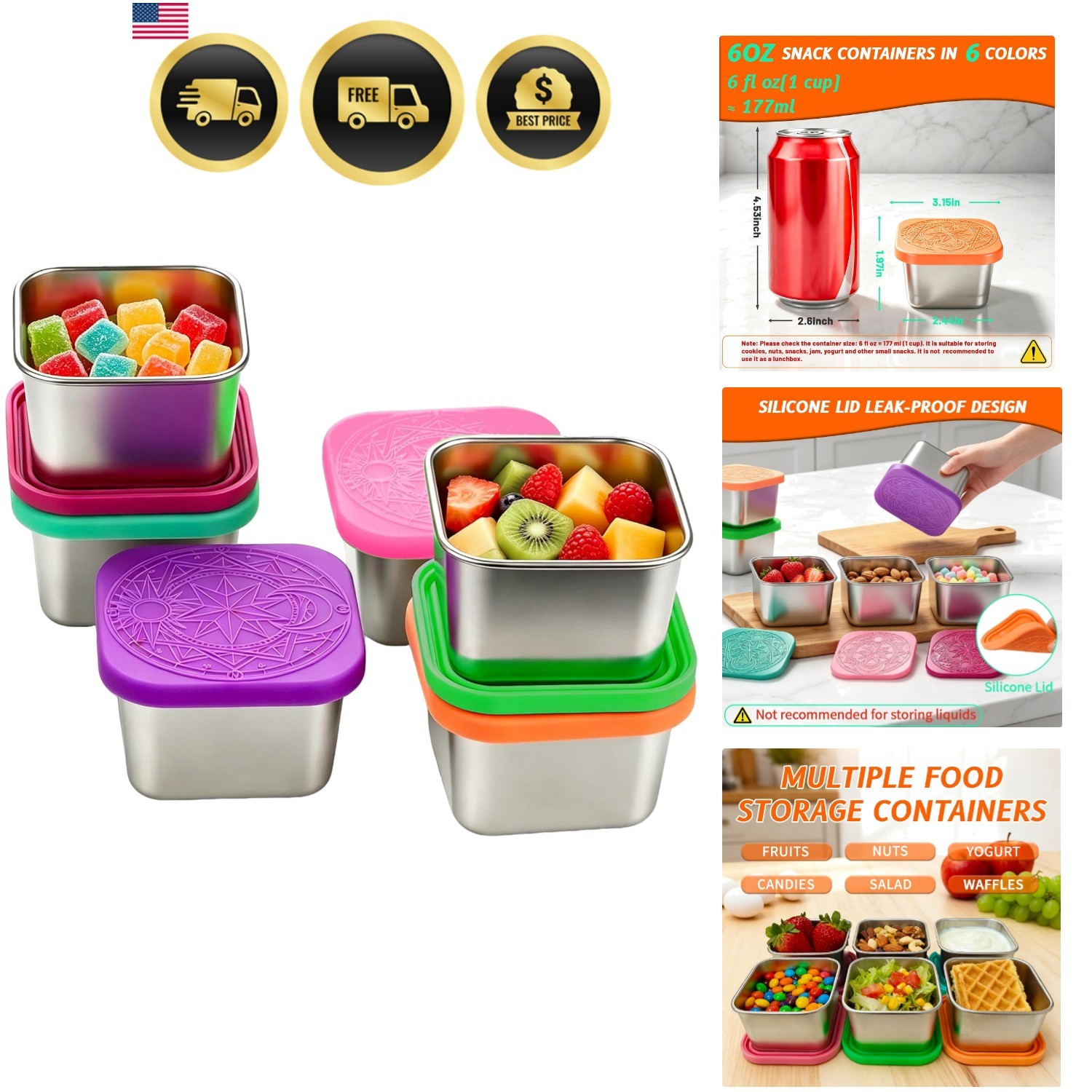 6Pack 6oz Stainless Steel Snack Containers with Lids, Leakproof Easy Open Sma…