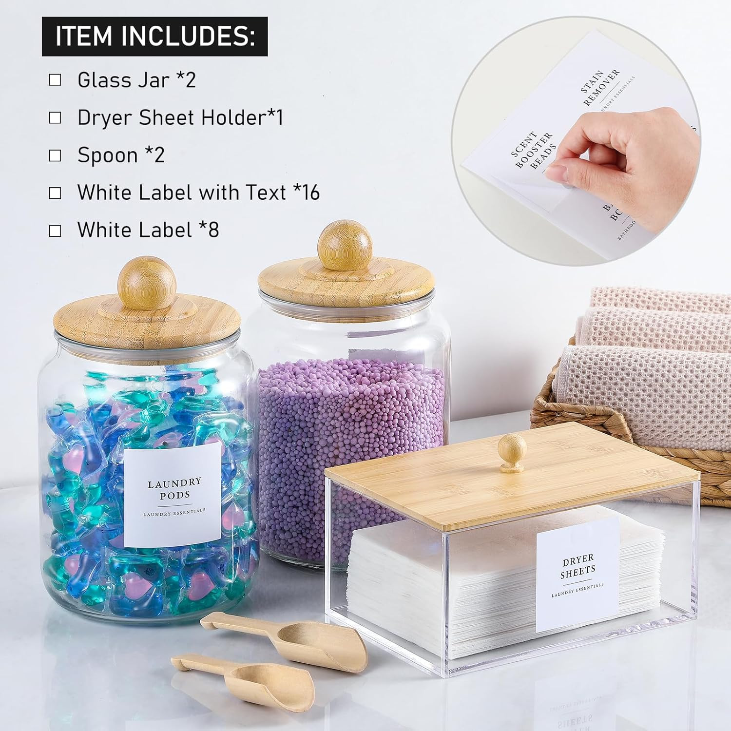 Glass Jars and Dryer Sheet Holder with Bamboo Lids, Dispenser Set and Labels, Co