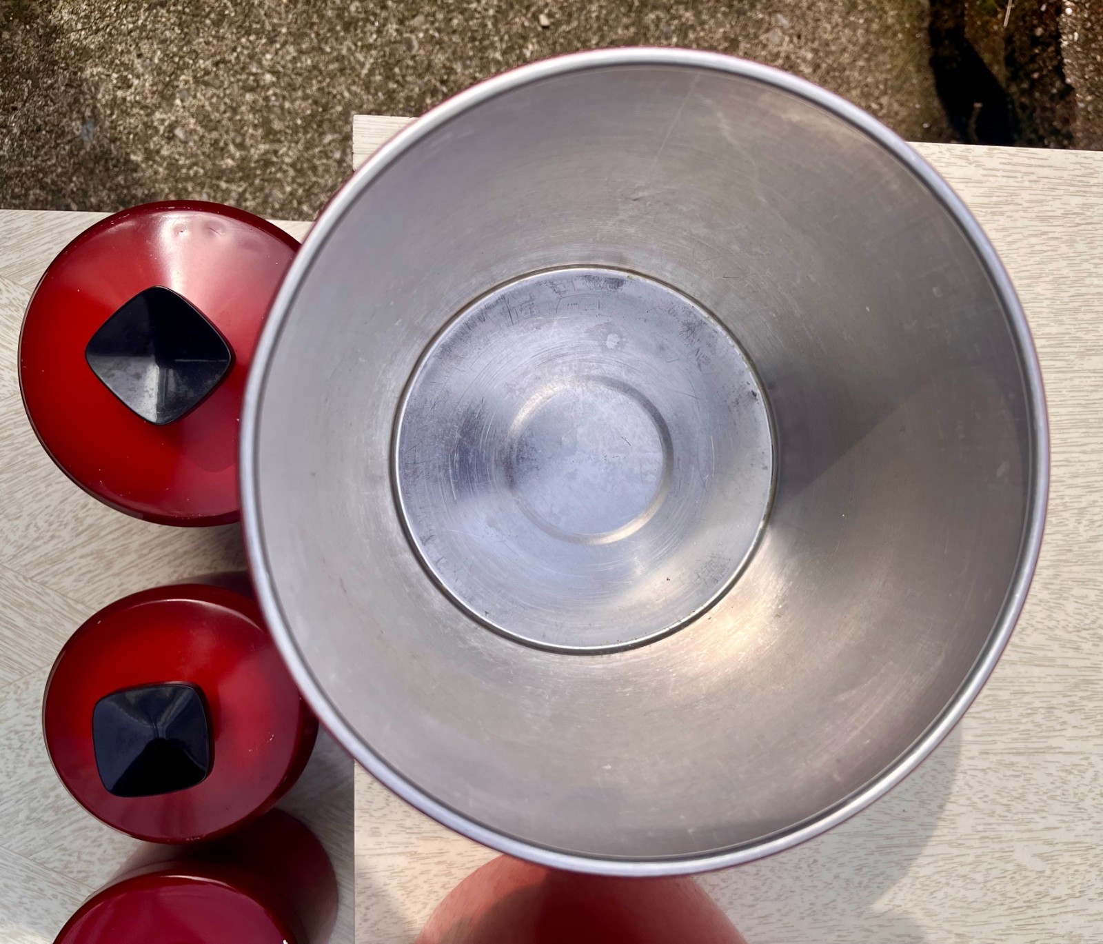 Vintage 1950’s West Bend FULL SET Red Aluminum Kitchen Storage Canisters w Lids