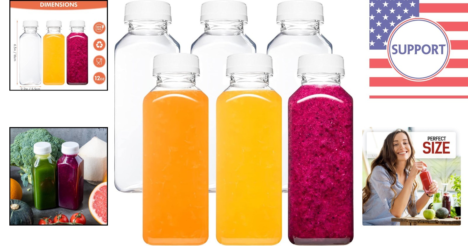 12oz BPA-Free Reusable Juice Bottles – 6 Pack Leak-Proof Drink Containers