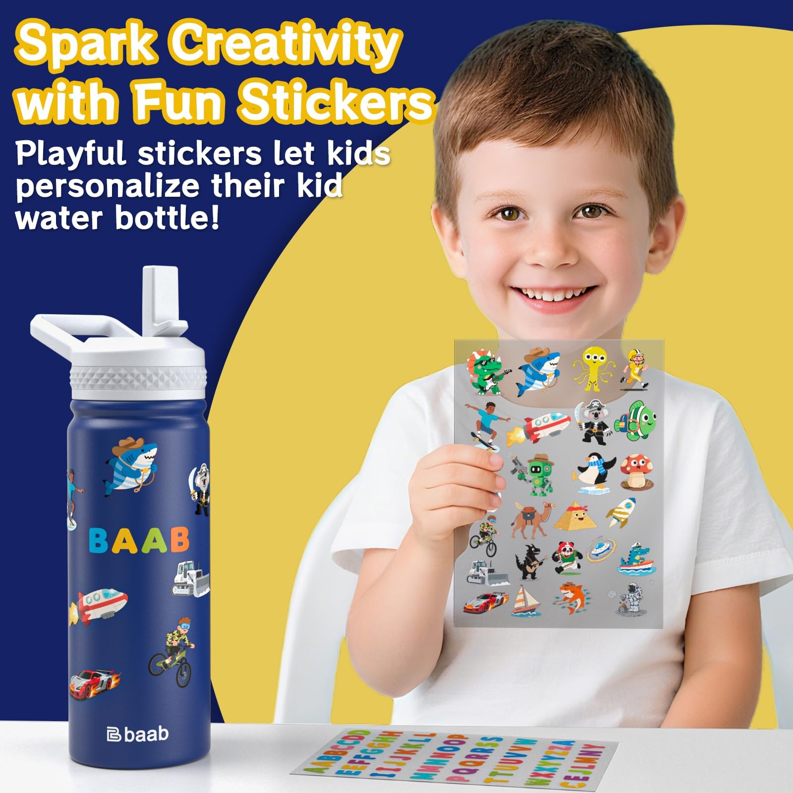 baab 18oz Kids Water Bottle, Insulated Water Bottle with Straw & Stickers, 18/8