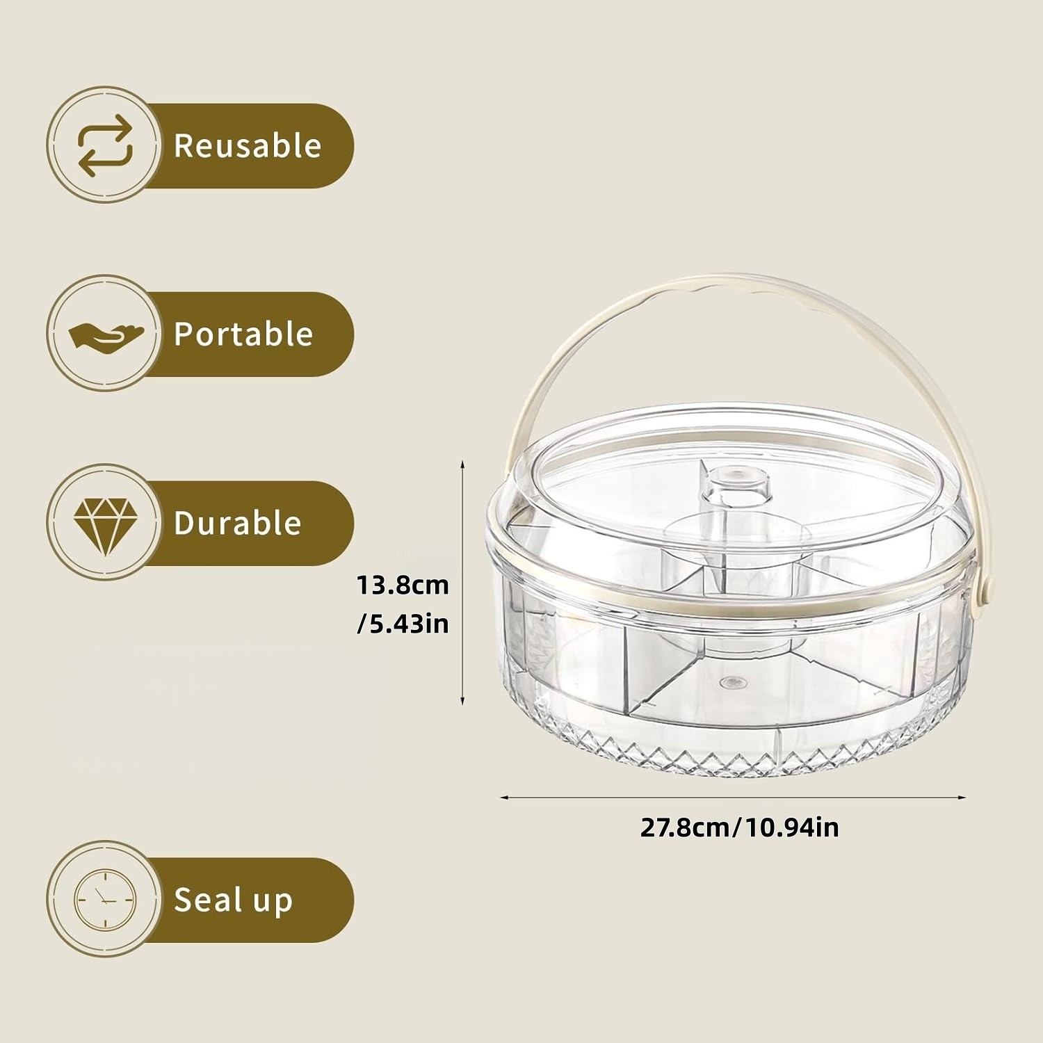 5-Compartment Round Plastic Storage Container with Flip-Top Lid & Handle