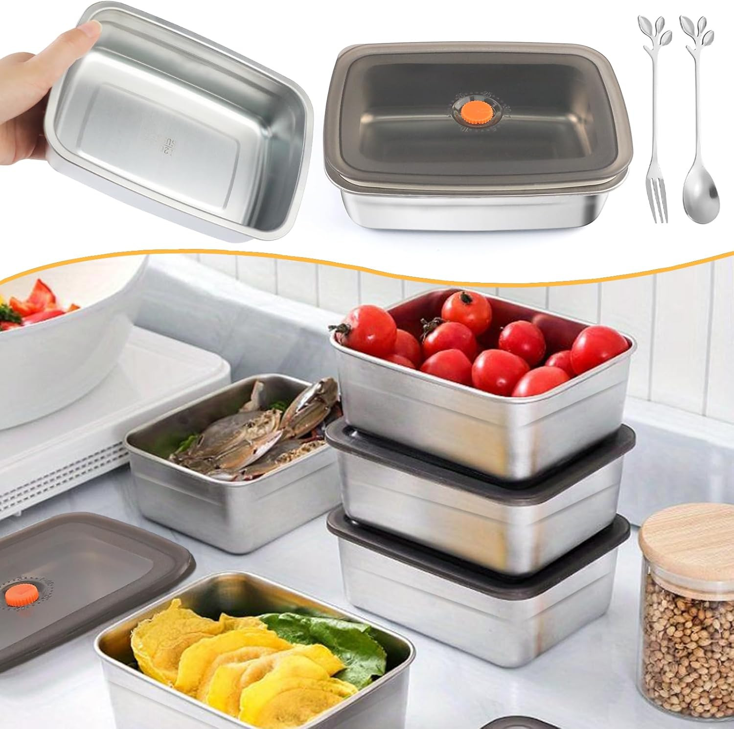 10Pcs 316 Stainless Steel Food Storage Containers Airtight Lids 50Oz/1500Ml Fres