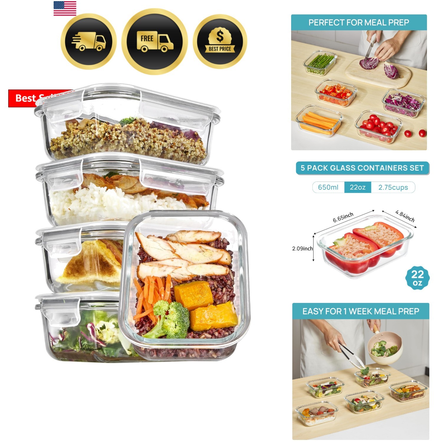 5Pack 22oz Glass Storage Containers with Lids, Glass Meal Prep Food Container…