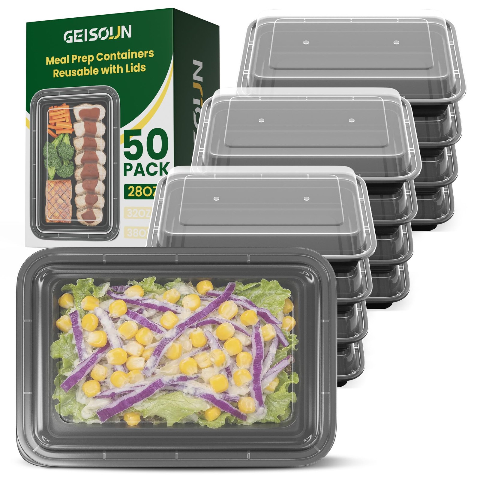 Geisoun 20 Pack 28oz Meal Prep Containers Reusable with Easy Open 28oz, Black