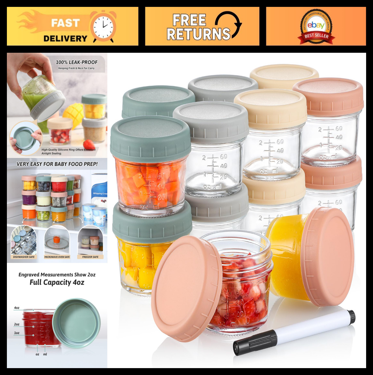 16 Pack Glass Baby Food Storage Containers – 4 oz Jars, BPA Free, Microwave & Fr
