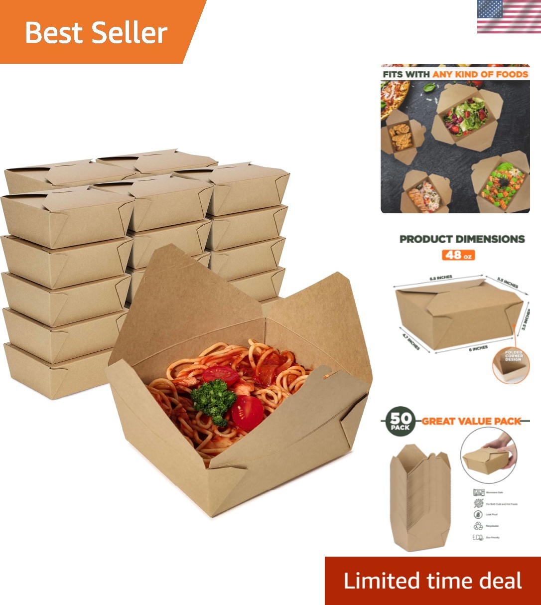 50 Pack Disposable Take Out Containers Microwaveable Kraft Paper To Go Boxes …