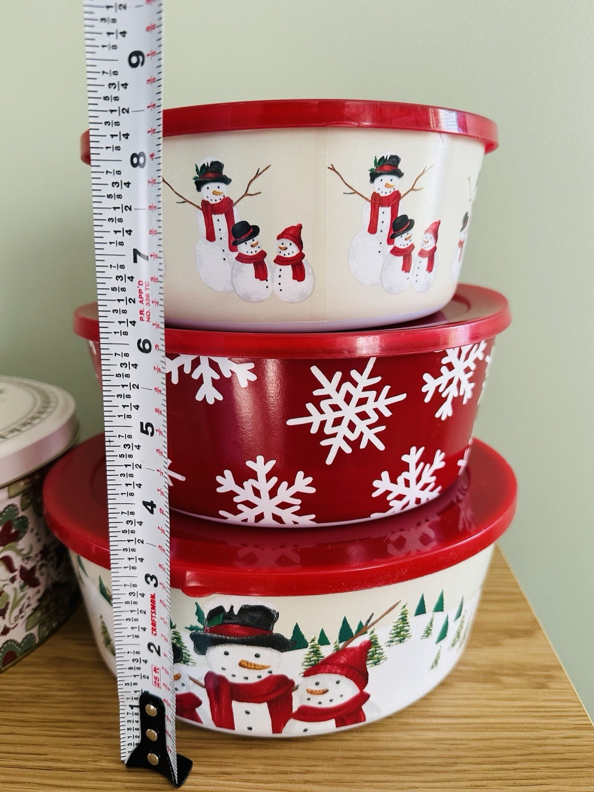 Christmas Holiday Bowl Set with Tin, Snap Lids, Snowman, 4-Piece