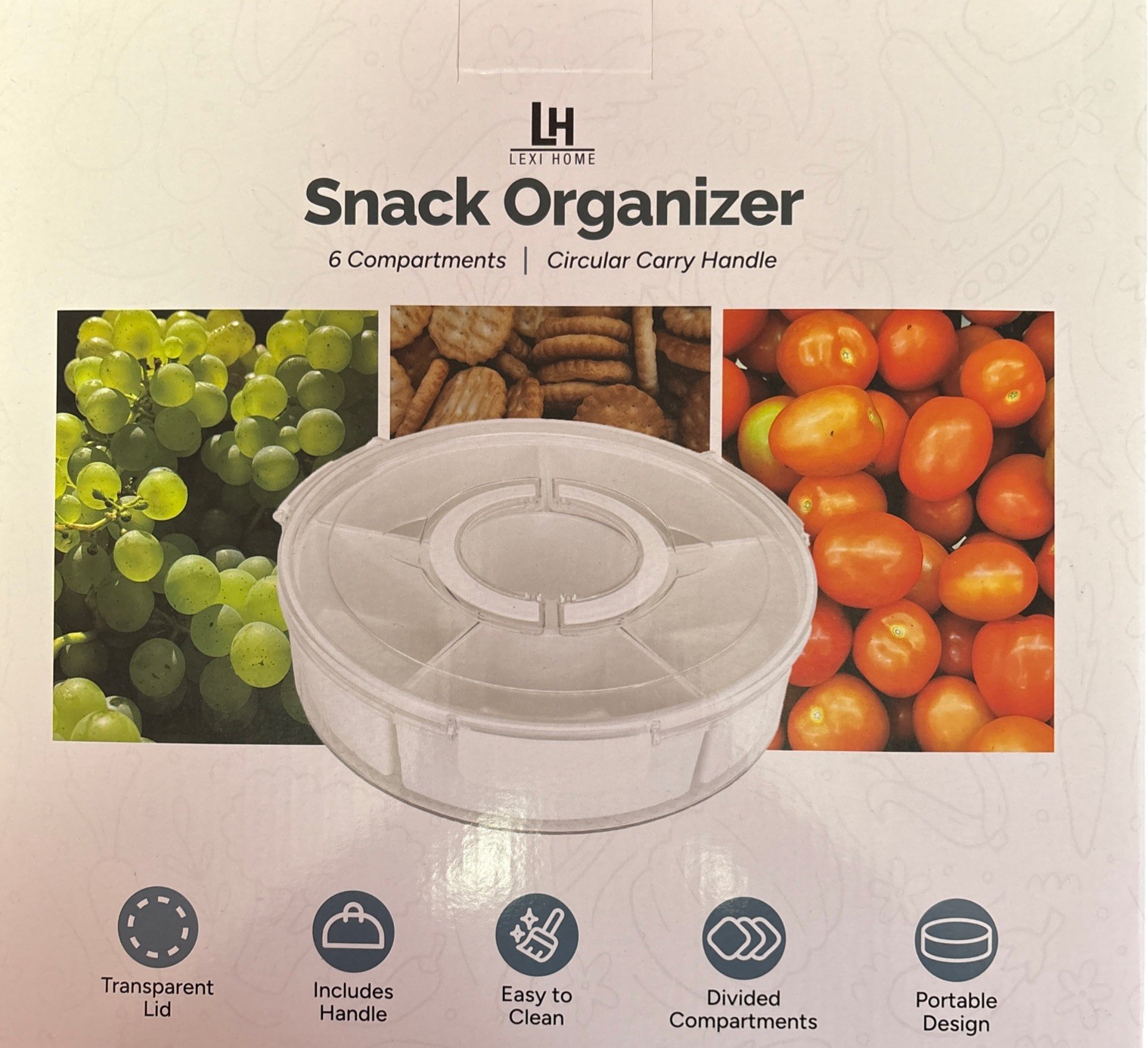 6 Compartment Snack Tray Storage Lid & Handle Durable Plastic LH Lexi home Carry