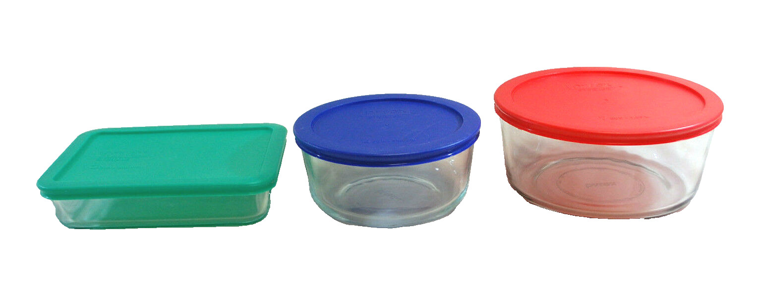 Pyrex Clear Glass Storage Containers #7210, 7202 & 7203 with Lids Lot of 3 M4919
