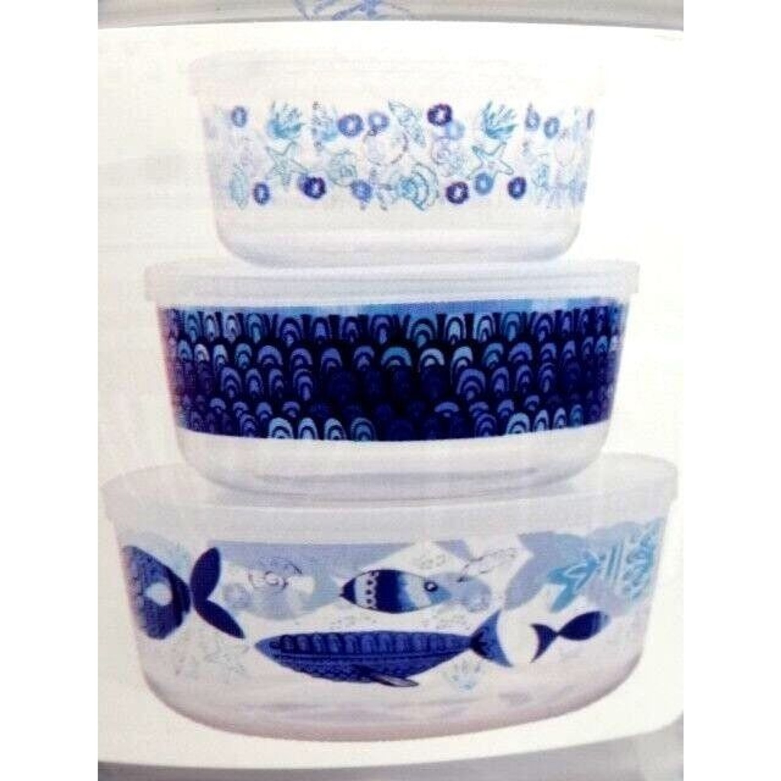 Nautical Fish Nesting Bowls 3-pc Clear Acrylic Plastic Lids BPA Free Gift NEW