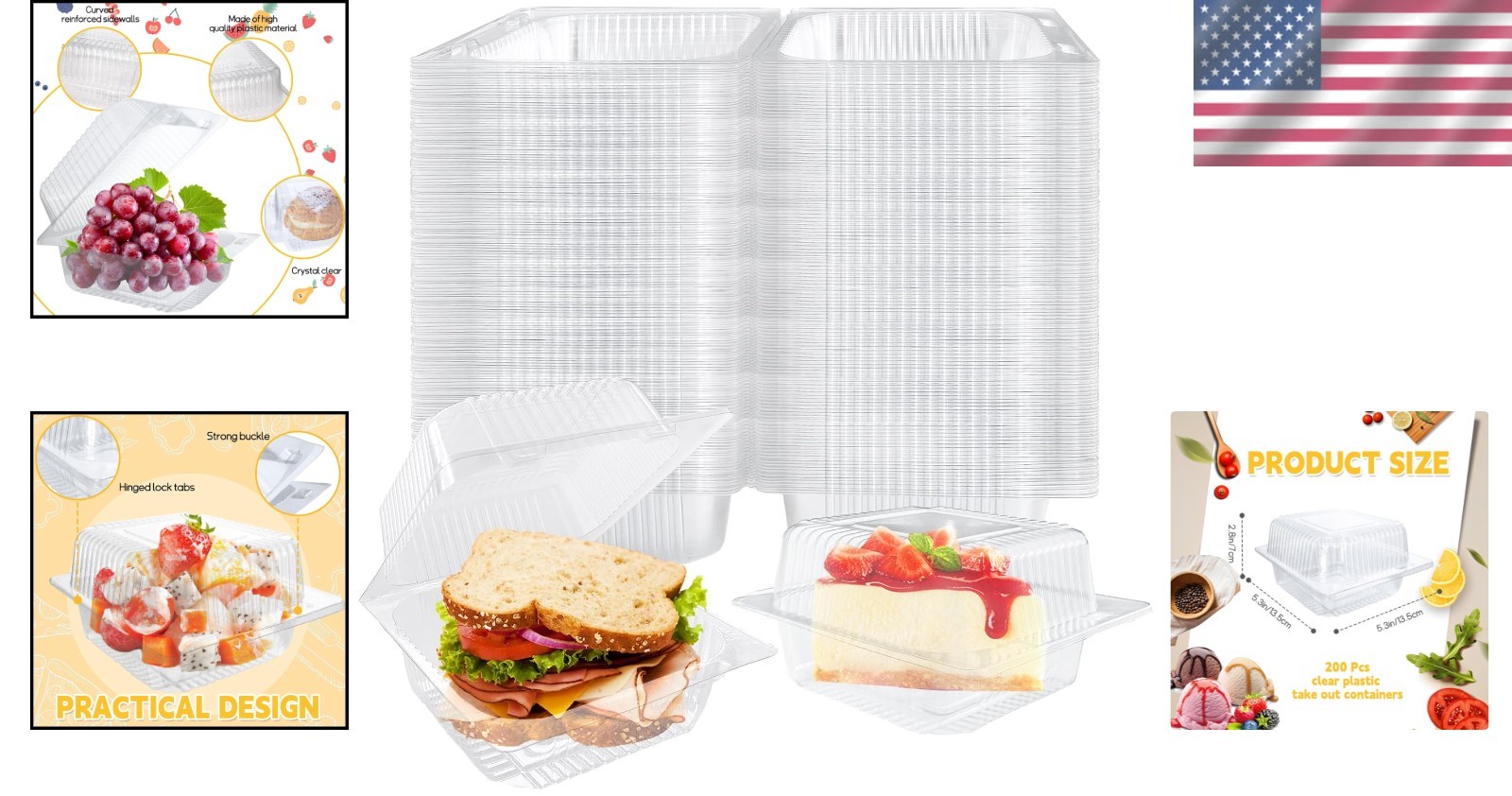 200 Clear Plastic Takeout Containers – 5.3×4.7×2.8 Inch