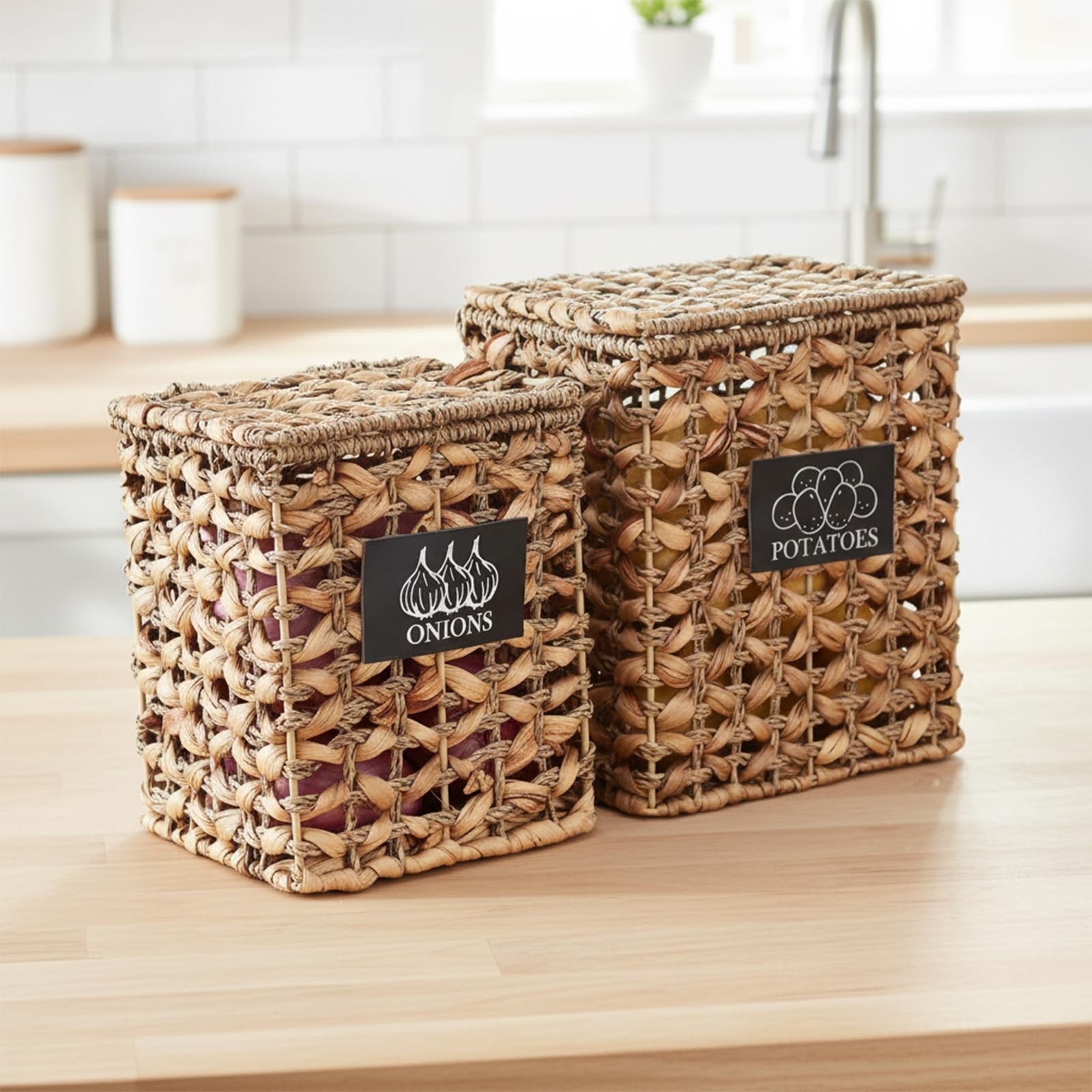 Mowhut 2 Pack Potato and Onion Storage Bin, Stackable Woven Basket with Lid, …