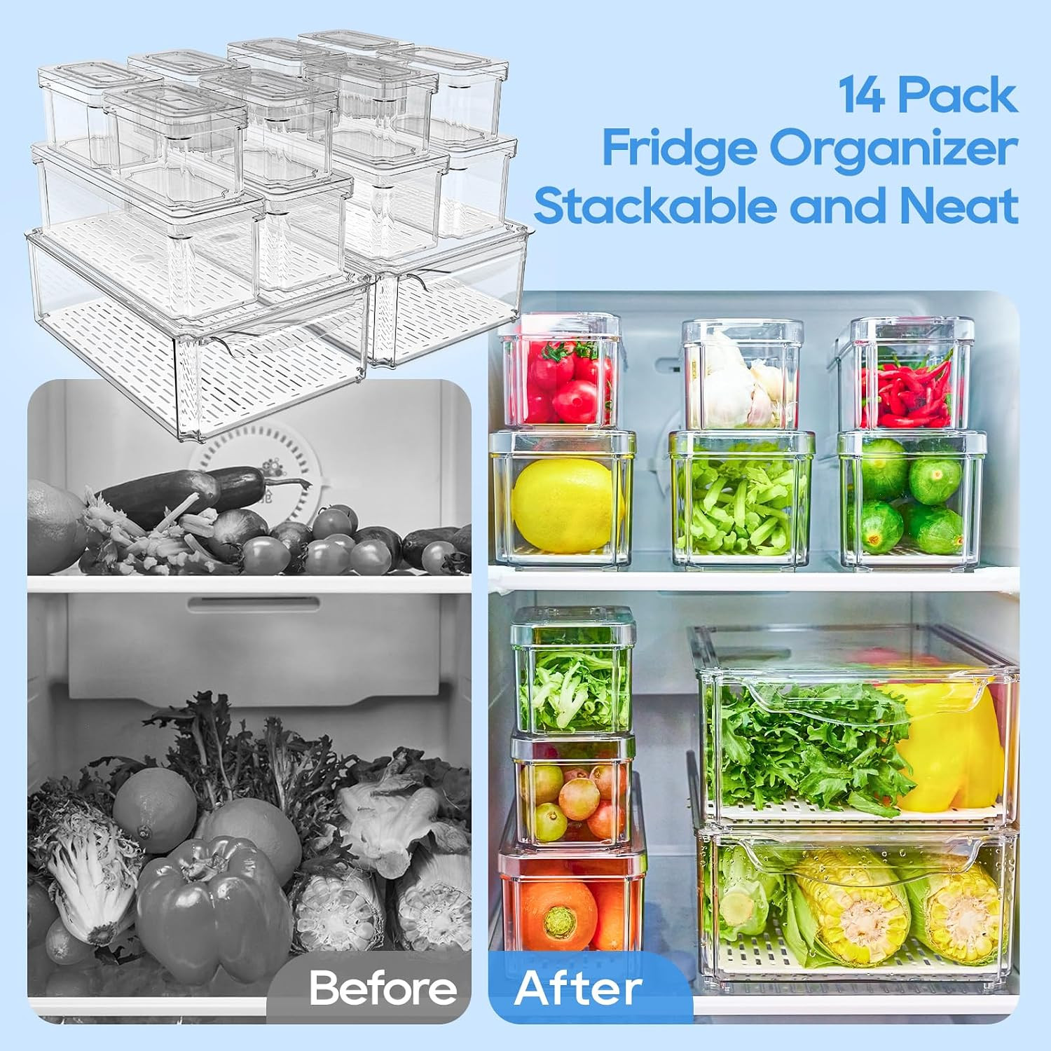 Jollypack 14 Pack Fridge Organizers, Refrigerator Organizer Bins with Lids, BPA