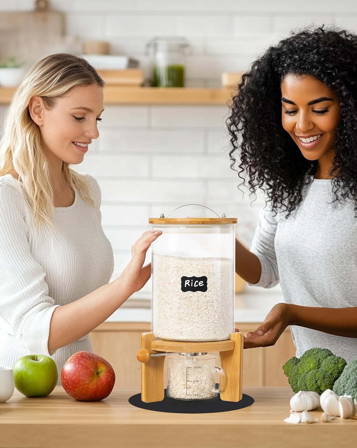 5-7 lbs Glass Rice Dispenser W/ Wooden Stand Flour & Cereal Container W/ Glass