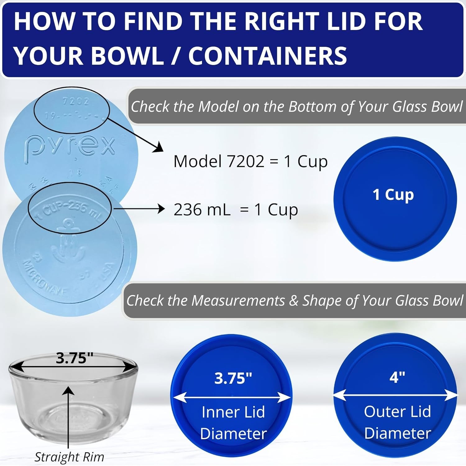 1, 2 & 4 Cup Blue Replacement Lids/Covers for Pyrex, Anchor Hocking & KlareWare