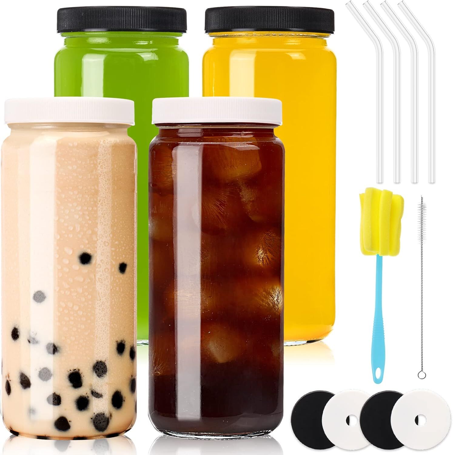 CUCUMI 4pcs 16oz Glass Juice Bottles with Lids, Reusable Clear