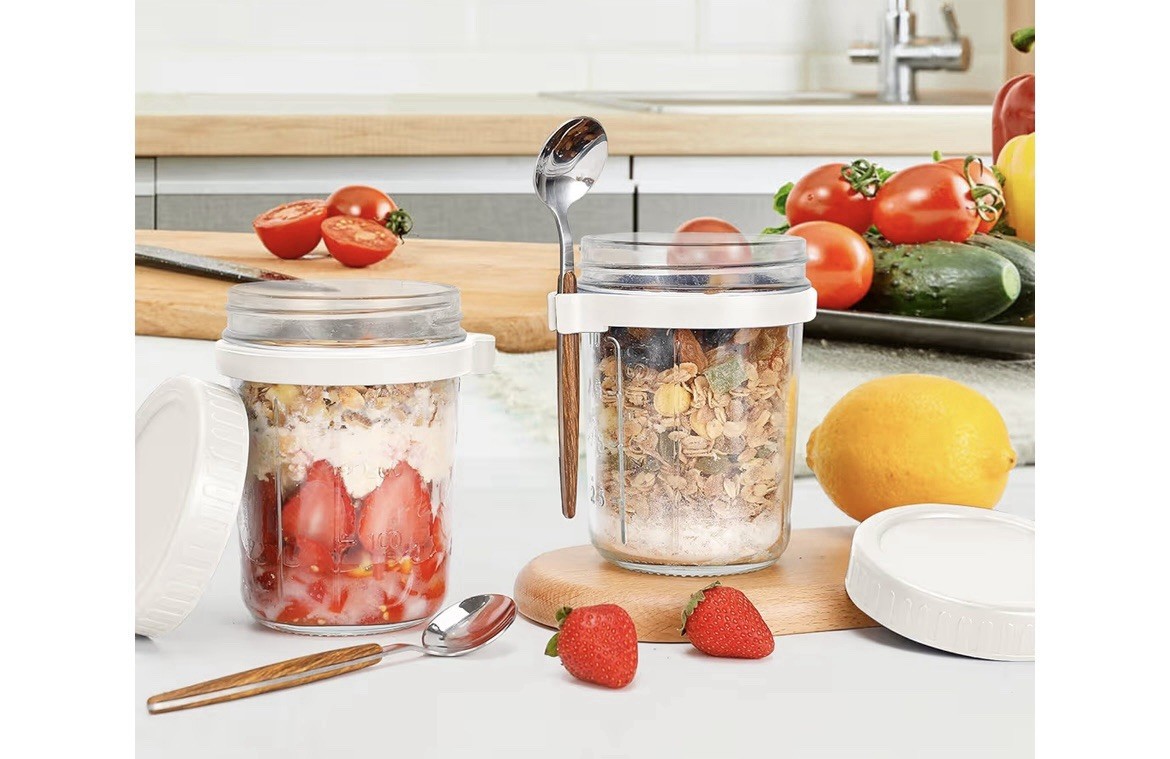 2pk Overnight Oats Jars with Spoons and Lids, 16 Oz, Oats Yogurt Fruit Storage