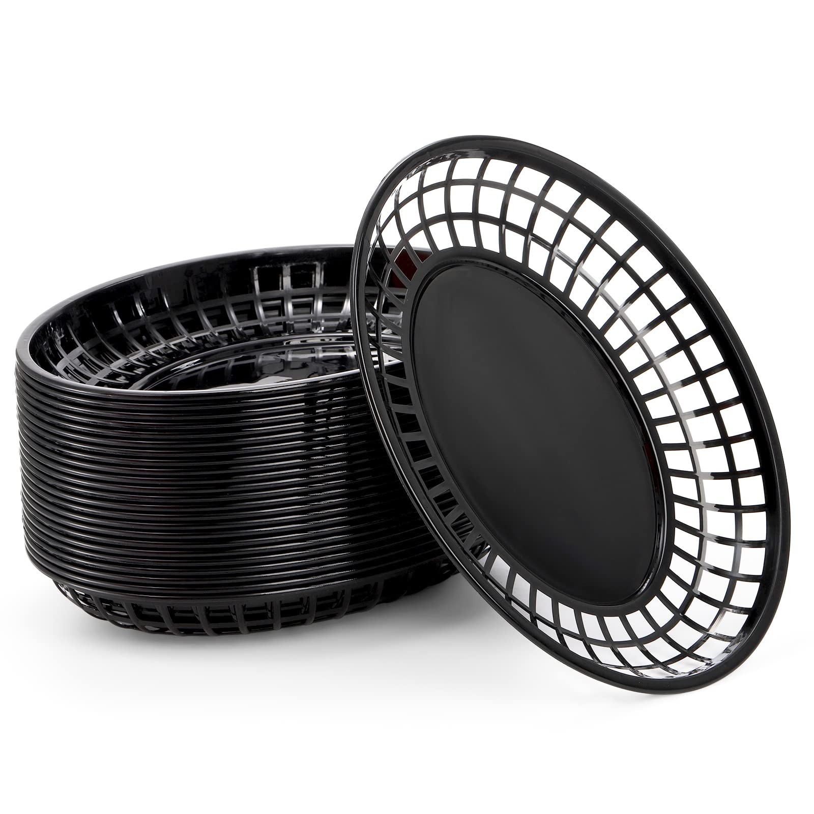 24 PCS Black Large Fast Food Serving Baskets 11.8×8.75 Inch Oval Plastic