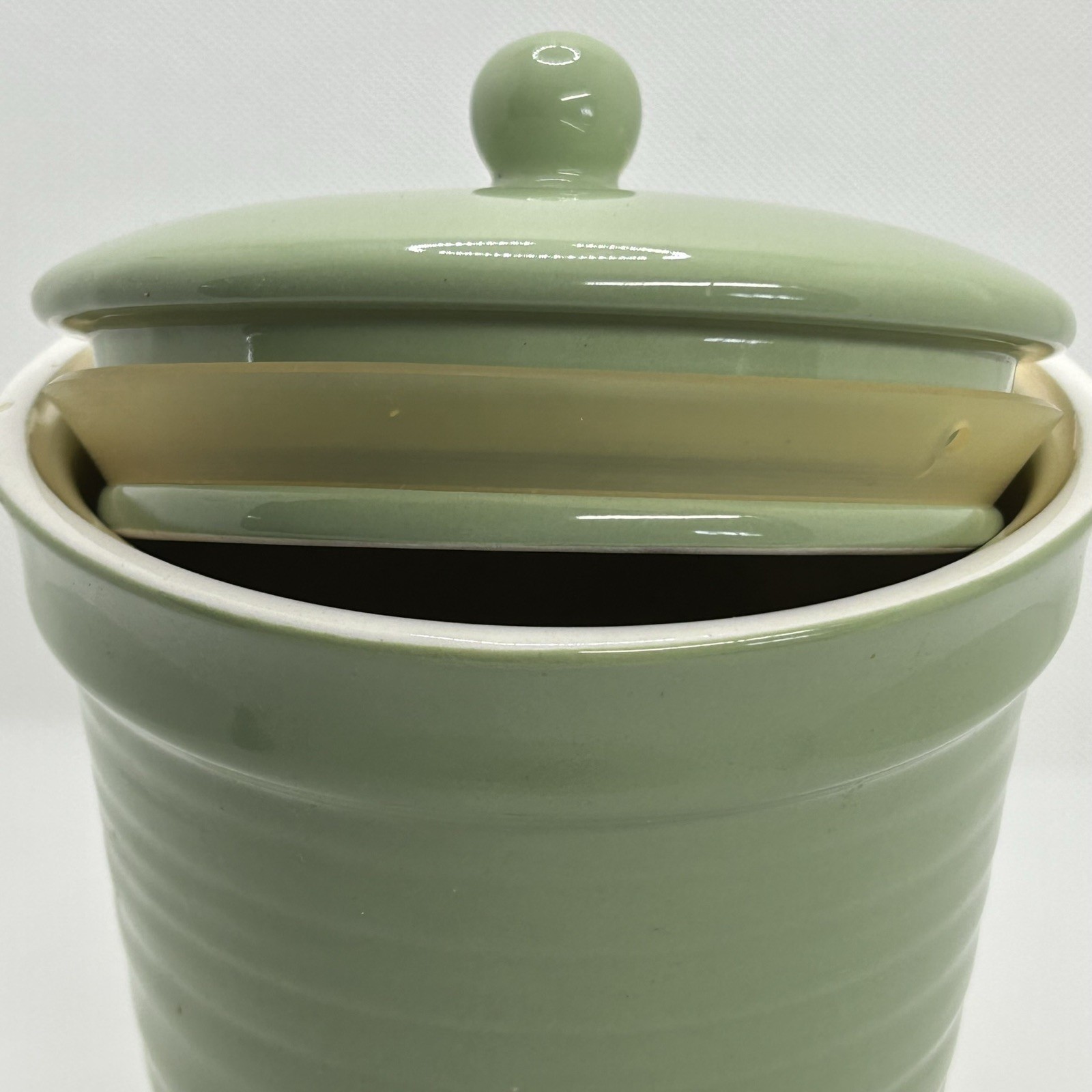 Fresh Territory Ceramic Food Bin Container Crock Sage Green 6.75” Tall Used