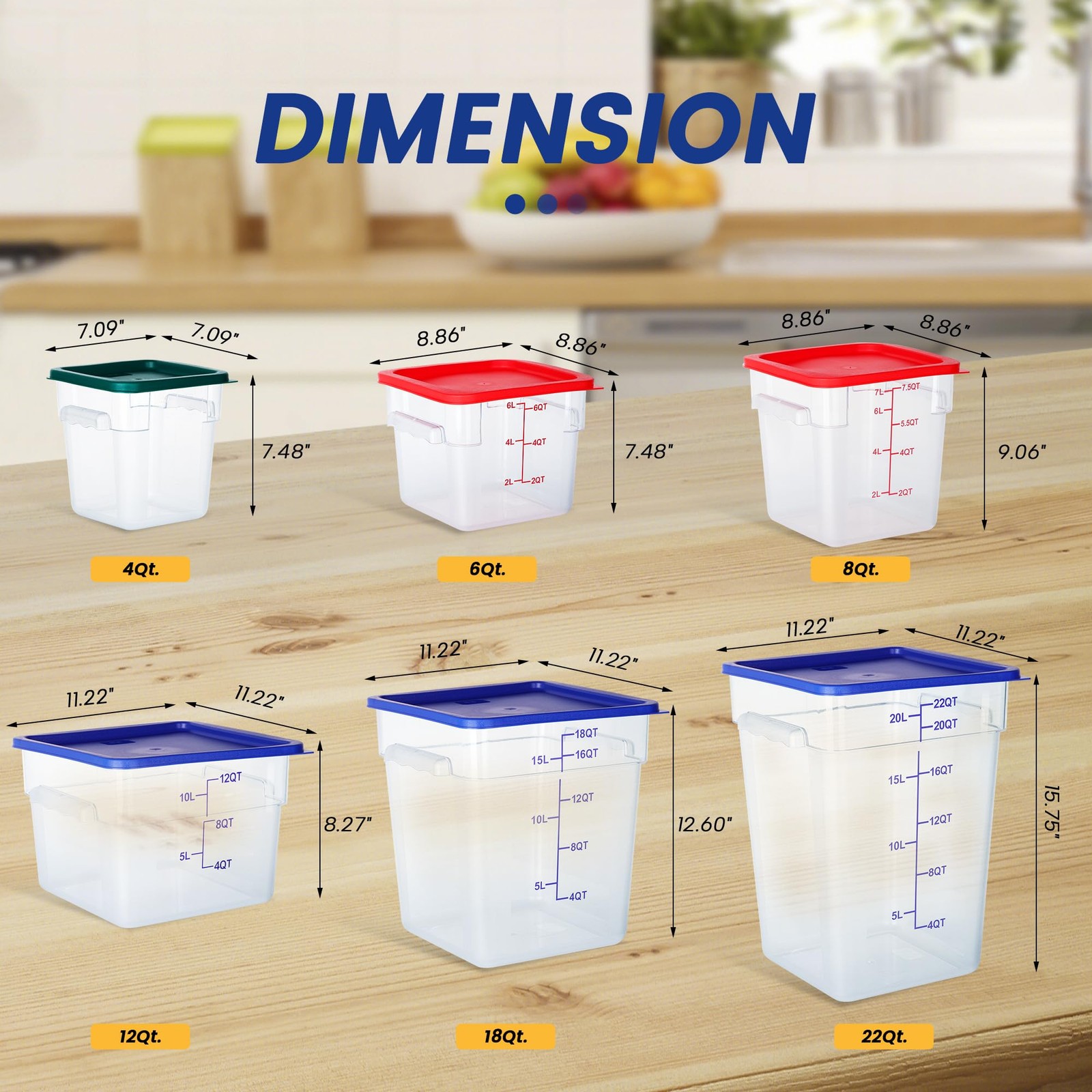 4 Pack 22 Quart Food Storage Containers with Lids, Polycarbonate Square Comme…