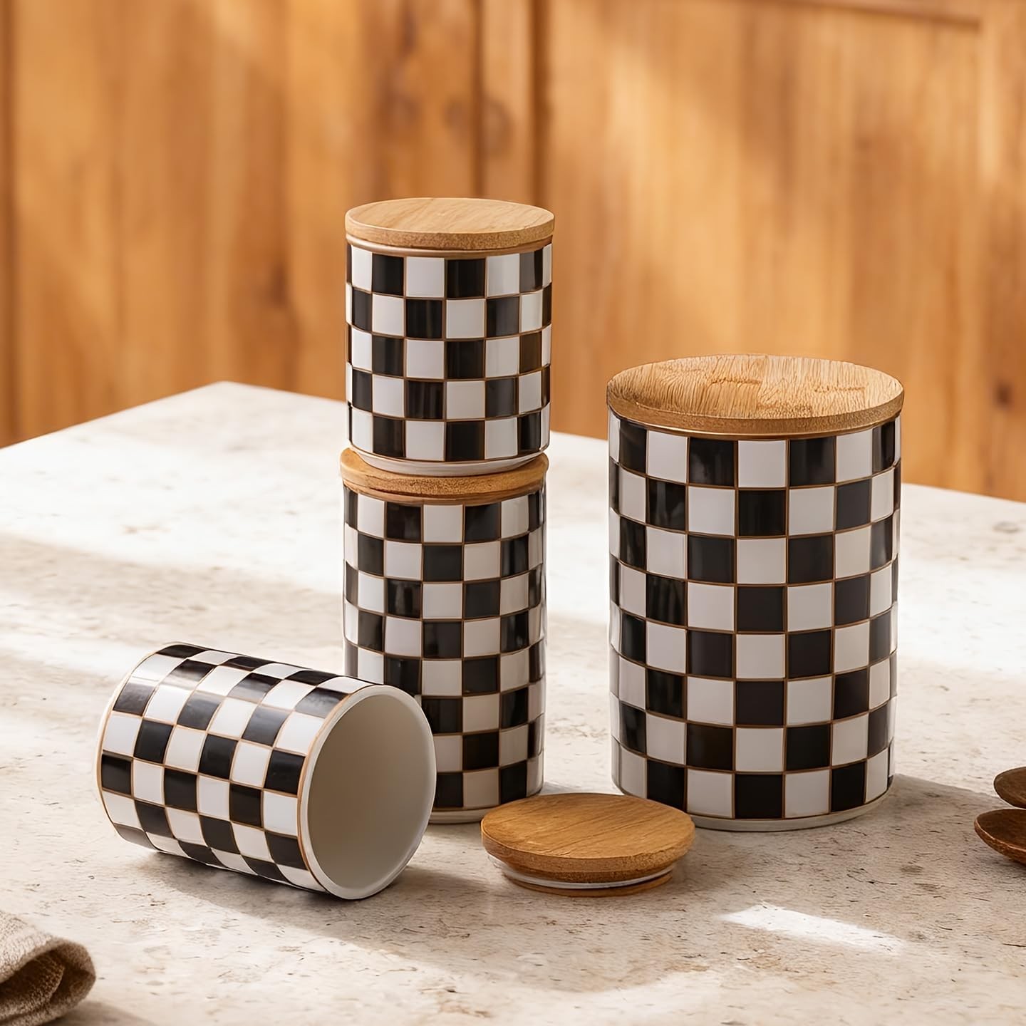 Kitchen Countertop Ceramic Checkered Canisters,Black And White Food Storage