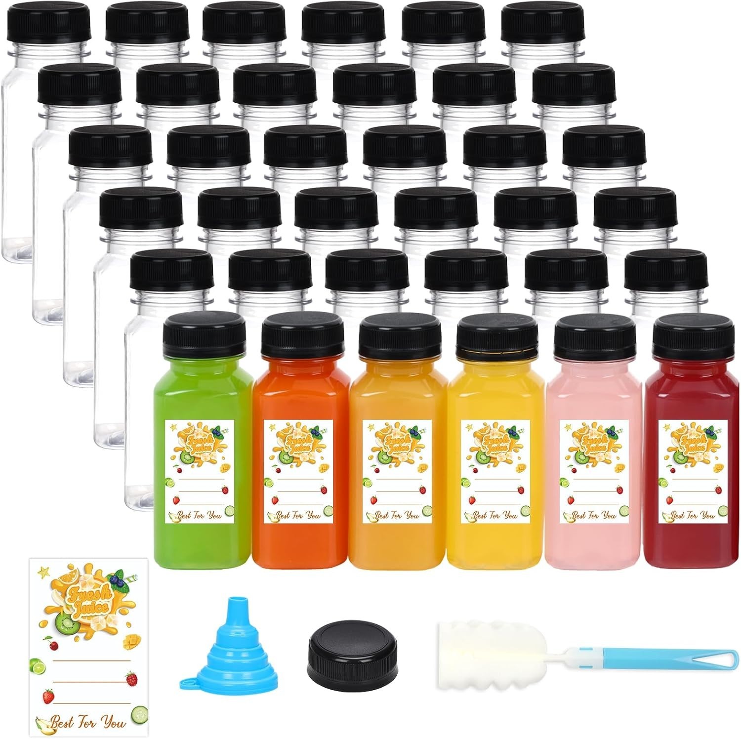 36Pcs 6/16Oz Empty Plastic Juice Bottles with Caps, Reusable Clear Bulk Beverage