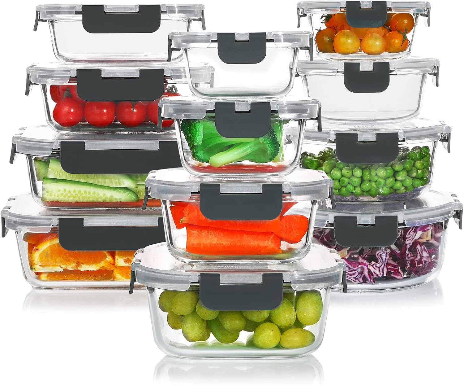 KOMUEE 24 Pieces Glass Food Storage Containers Set, Meal Prep Containers, Bpa-Fr