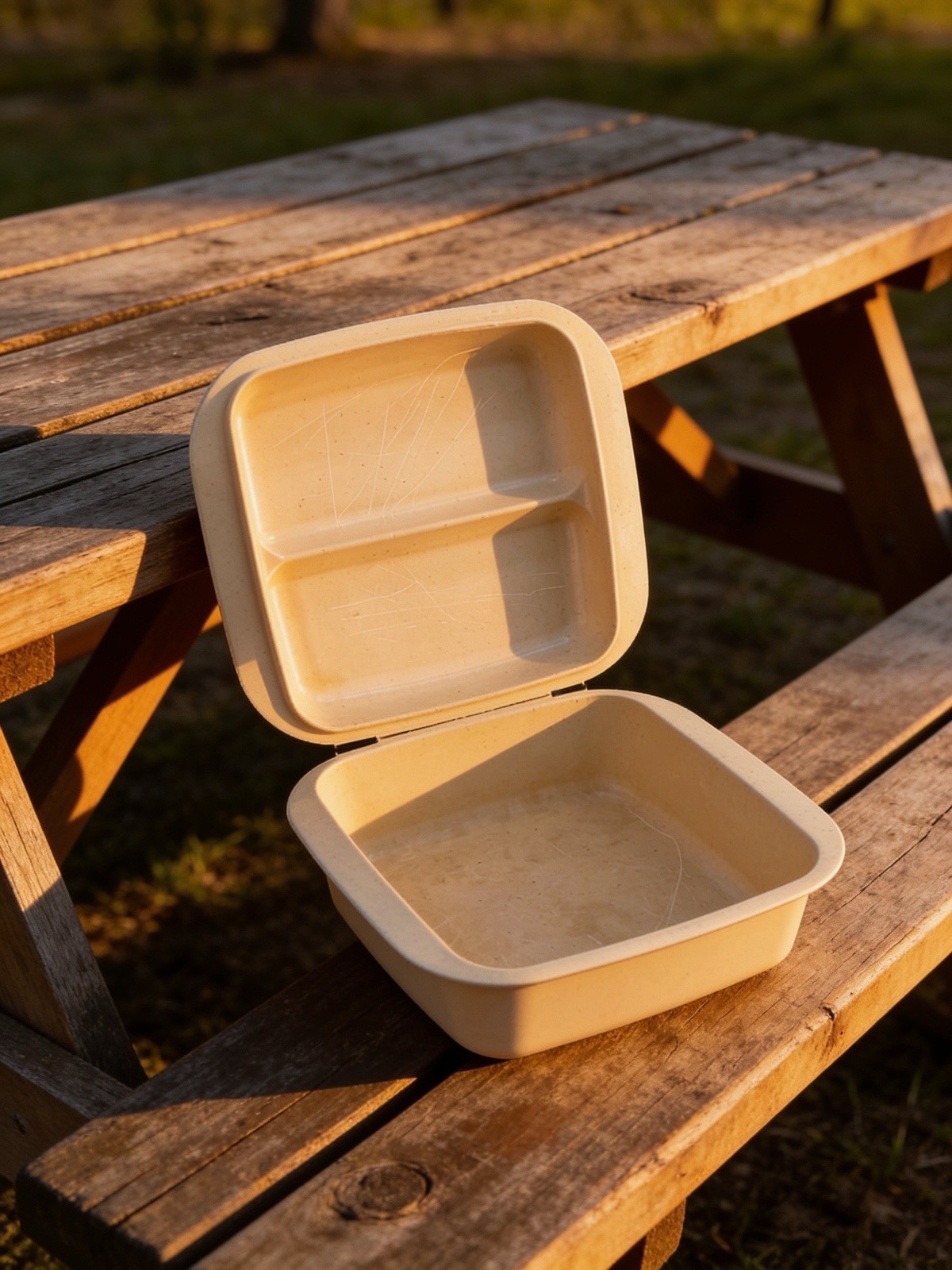 Vintage Beige Plastic Divided Lunch Box Food Storage Container Tray Lid 7x7x2.5”