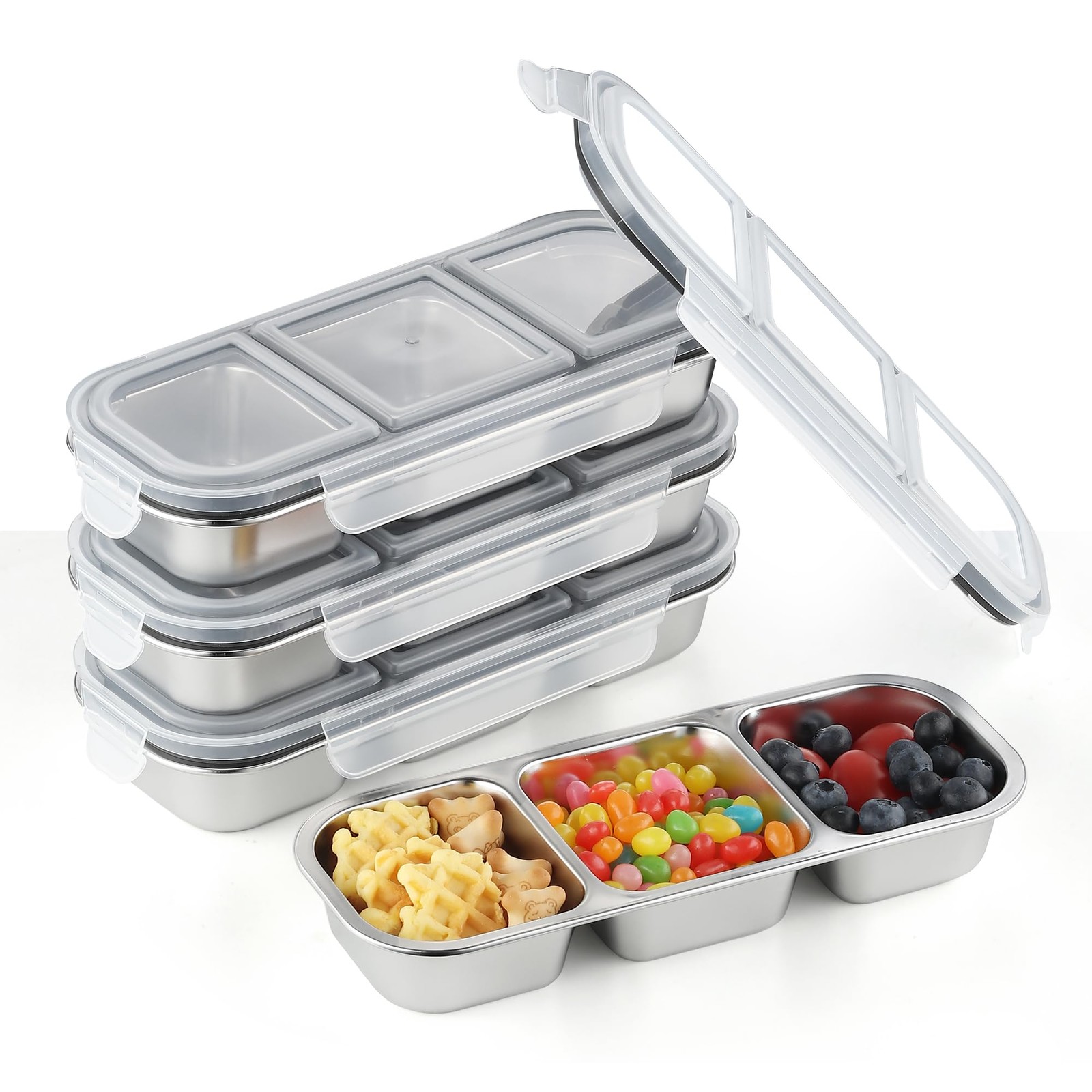3 Compartment Stainless Steel Snack Containers with Lids- 3 Compartments Bent…