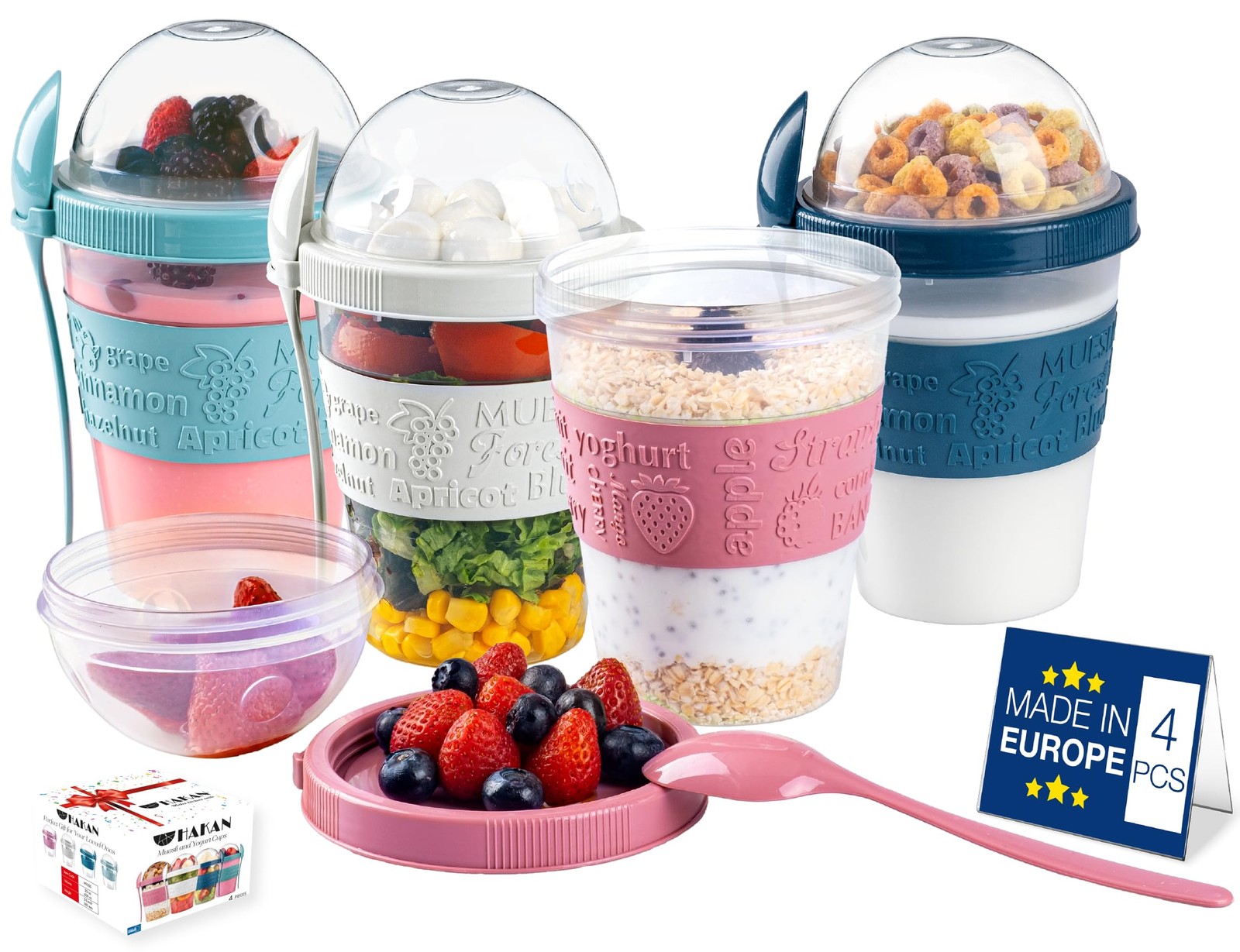Overnight Oats Containers with Lid & Spoons, 4 Pack – 20 oz, Reusable Yogurt …