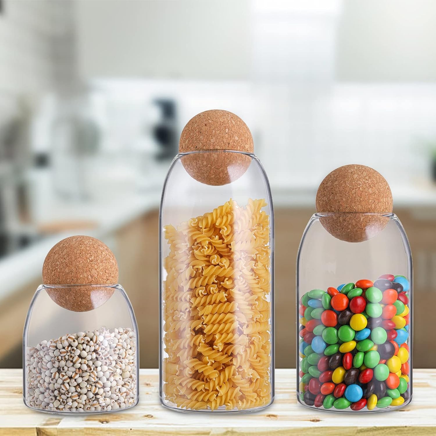 3 Pack Glass Storage Jar with Ball Cork Lid, Clear Glass Canisters with Cork