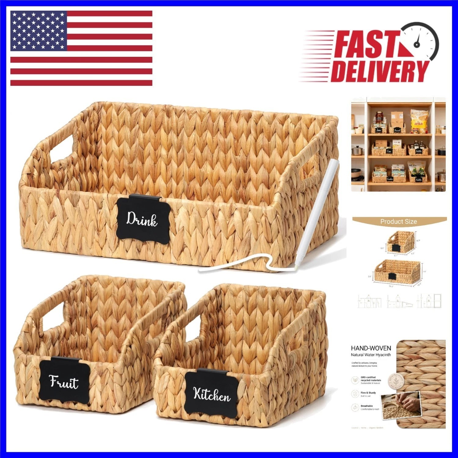 Chic Handwoven Storage Baskets with Wider Handles – Set of 3 for Organizing