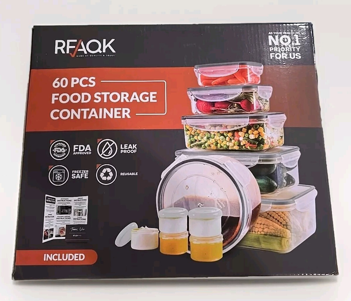 60-Piece Large Food Storage Containers Set Leakproof BPA-Free Plastic Snap Lid