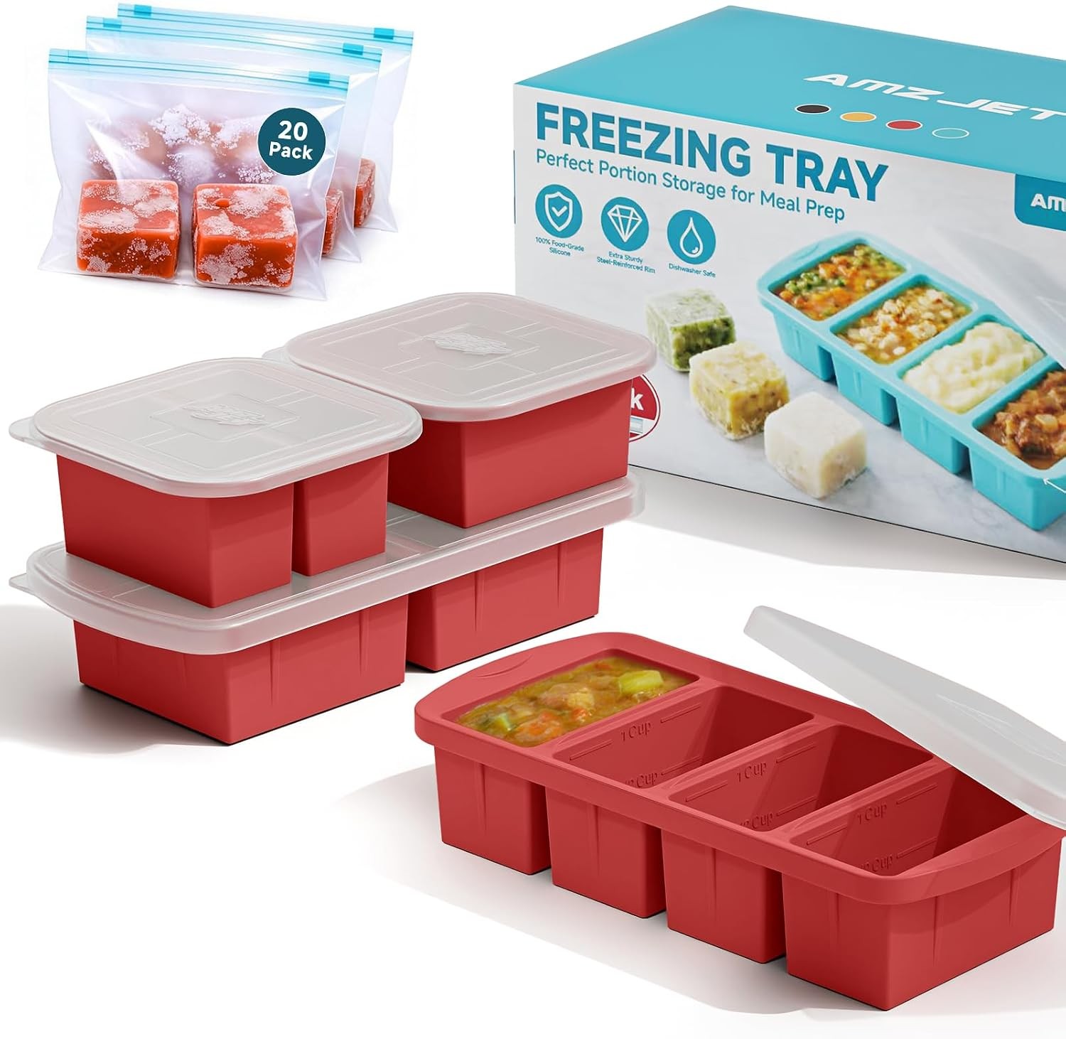 4 Pack Silicone Freezer Trays with Lid – Multi-Size 1-Cup & 2-Cup Portions