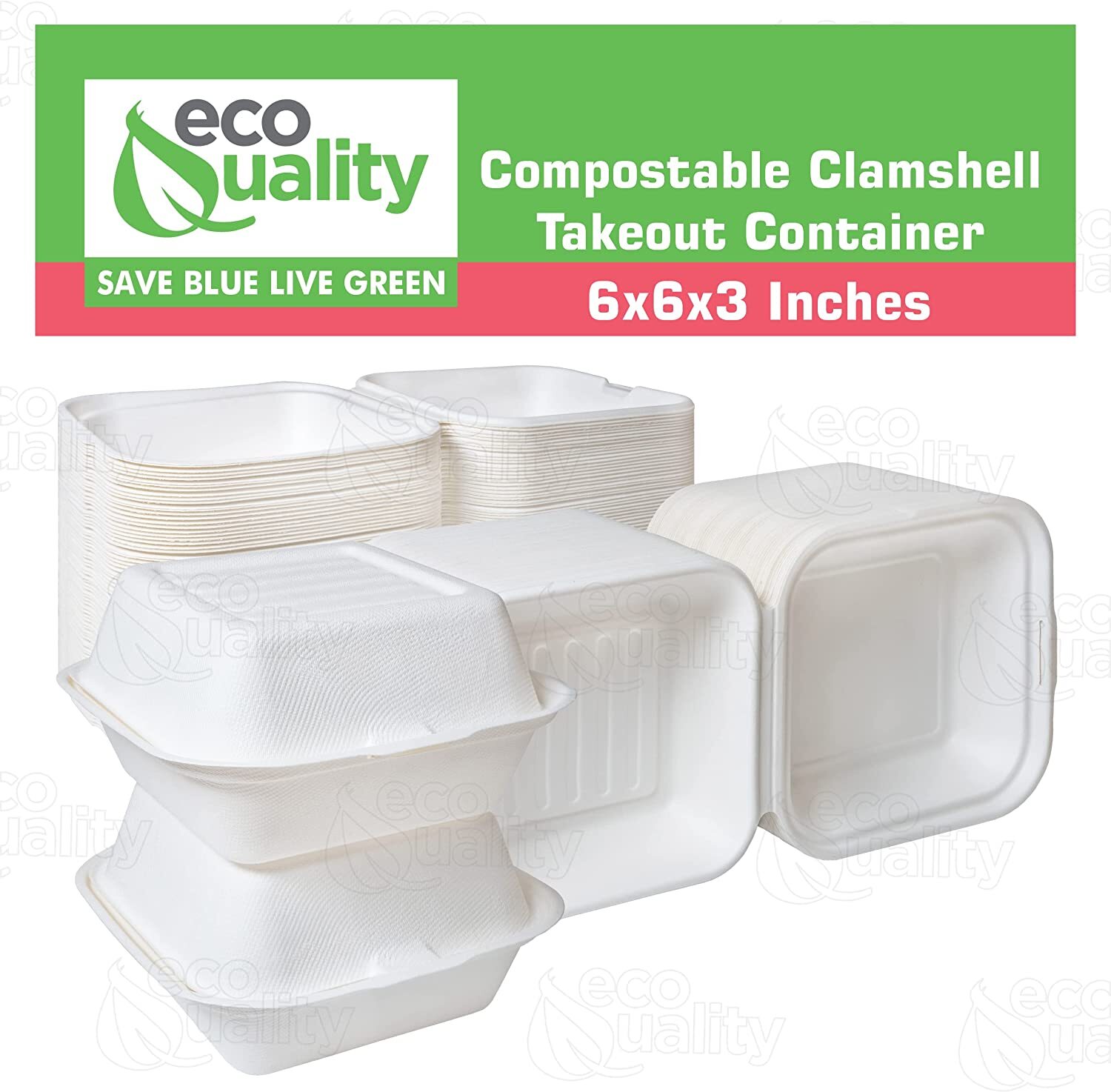 Compostable Square Hinged Clamshell 6×6 Food Take Out Box Disposable ToGo 500pcs
