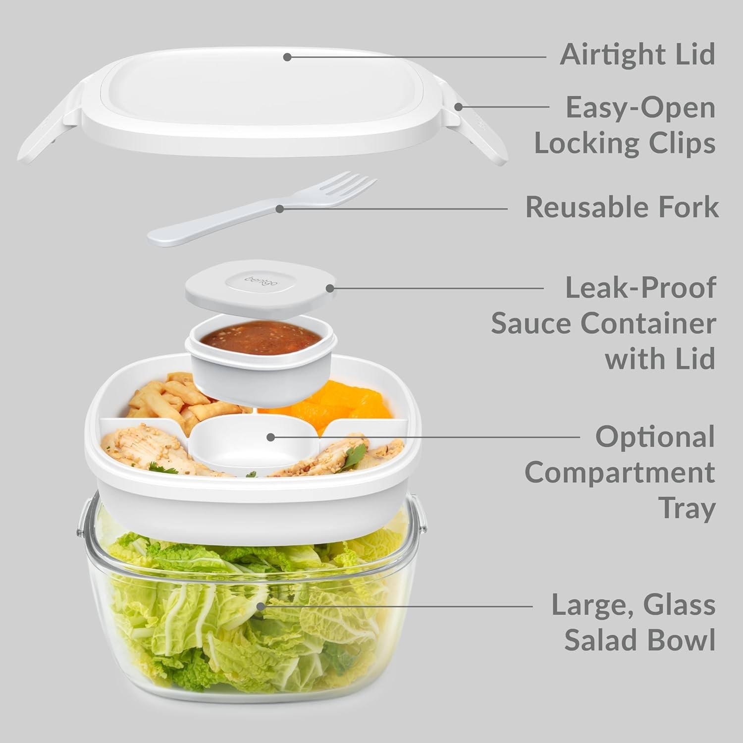 All-in-One Glass Salad Bowl – Airtight 61-oz with Bento Tray & Sauce Container