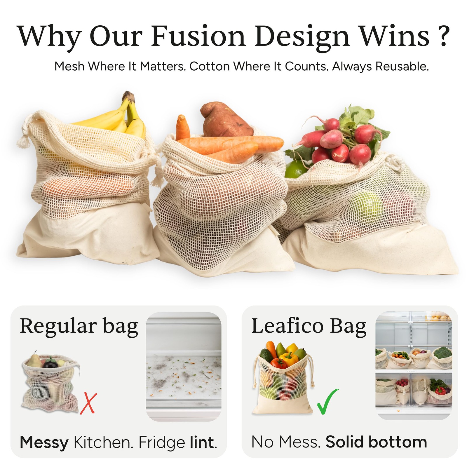 LEAFICO Reusable Produce Bags – 100% Cotton Mesh & Solid Hybrid (Medium 10×12 in