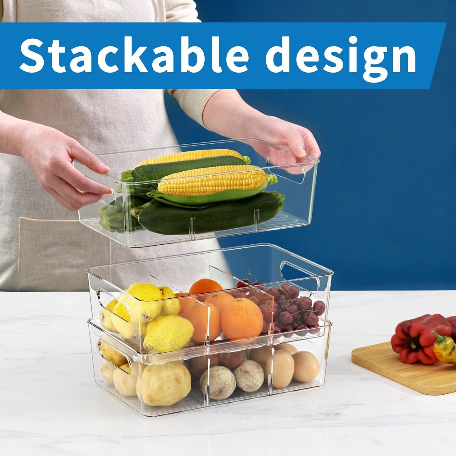 6 Pack Pantry Organizers and Storage,Clear Plastic Containers with 2 Dividers…