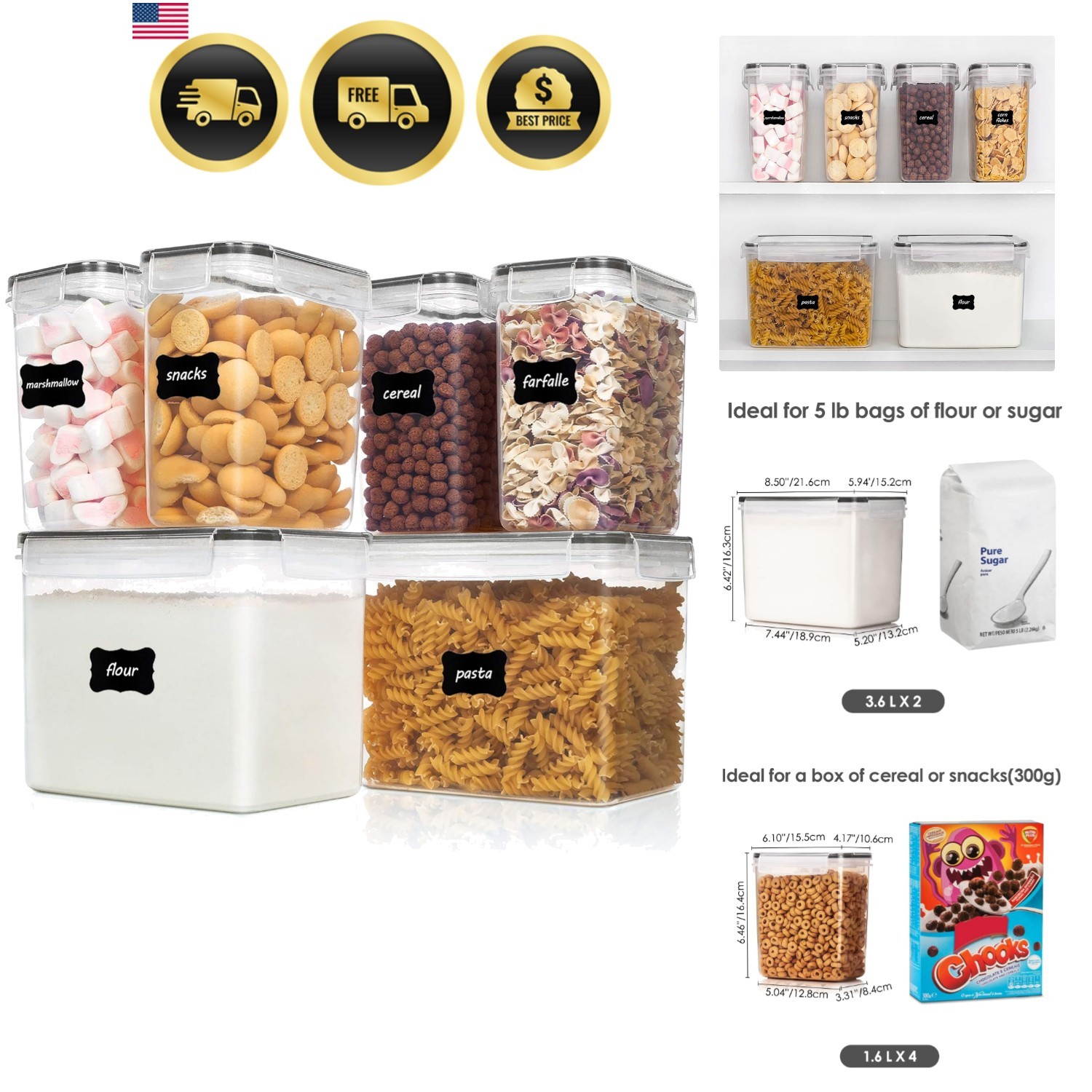 Airtight Food Storage Containers 6 Pieces – Plastic BPA Free Kitchen Pantry S…