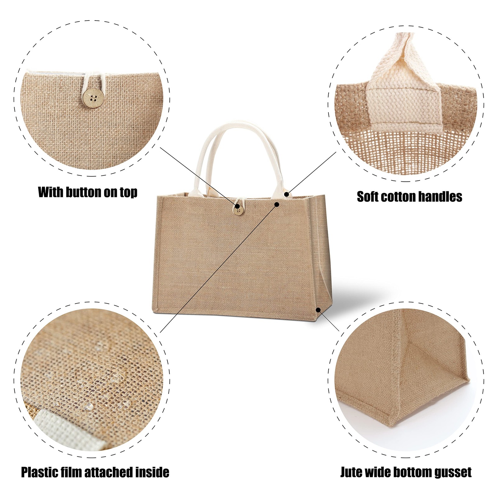 Yaceyace Jute Beach Tote Bags 14.5X6.7X10.2 Set Of 6 Burlap Totes Button